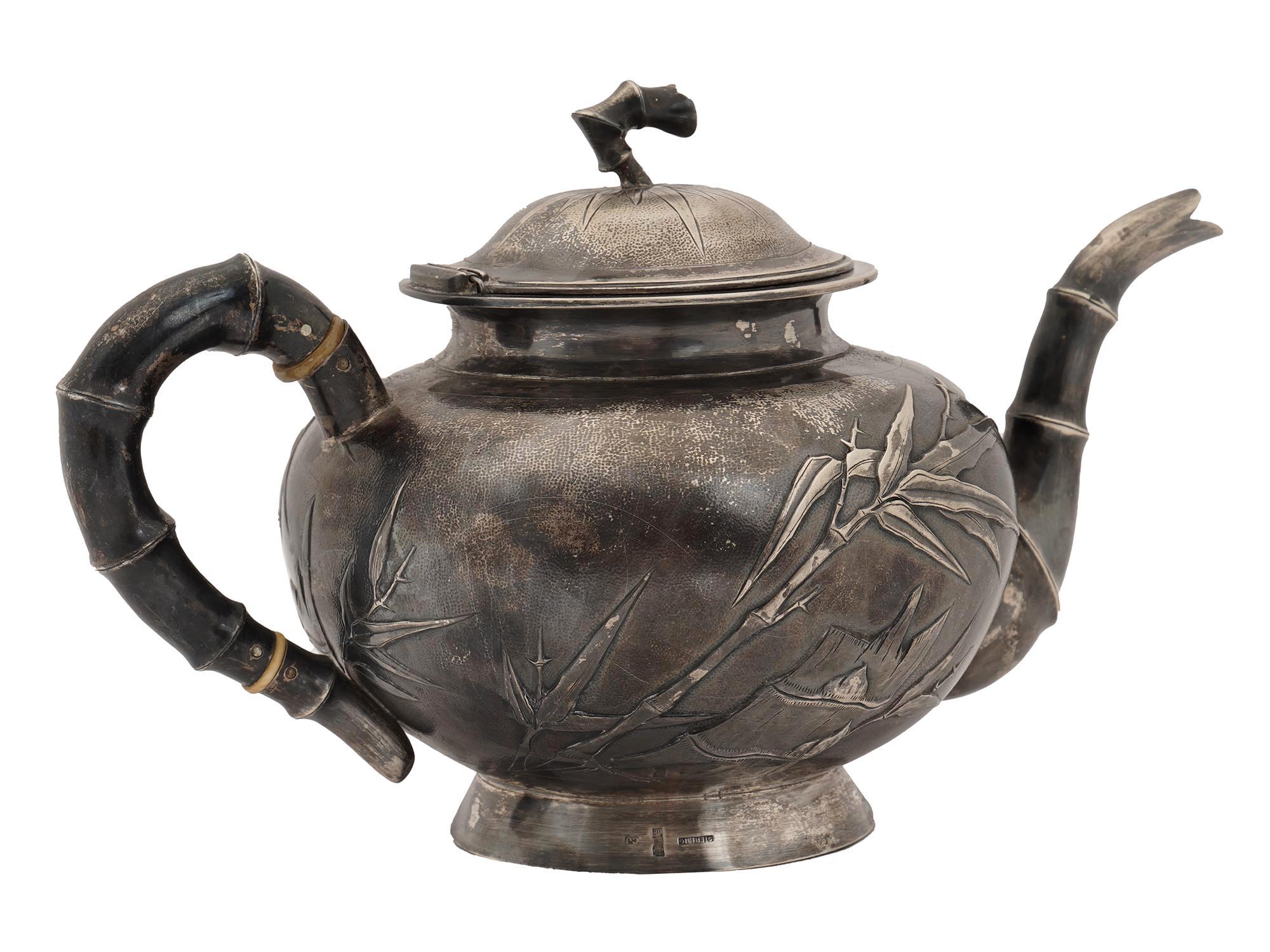 ANTIQUE JAPANESE SILVER BAMBOO DECORATED TEAPOT PIC-1